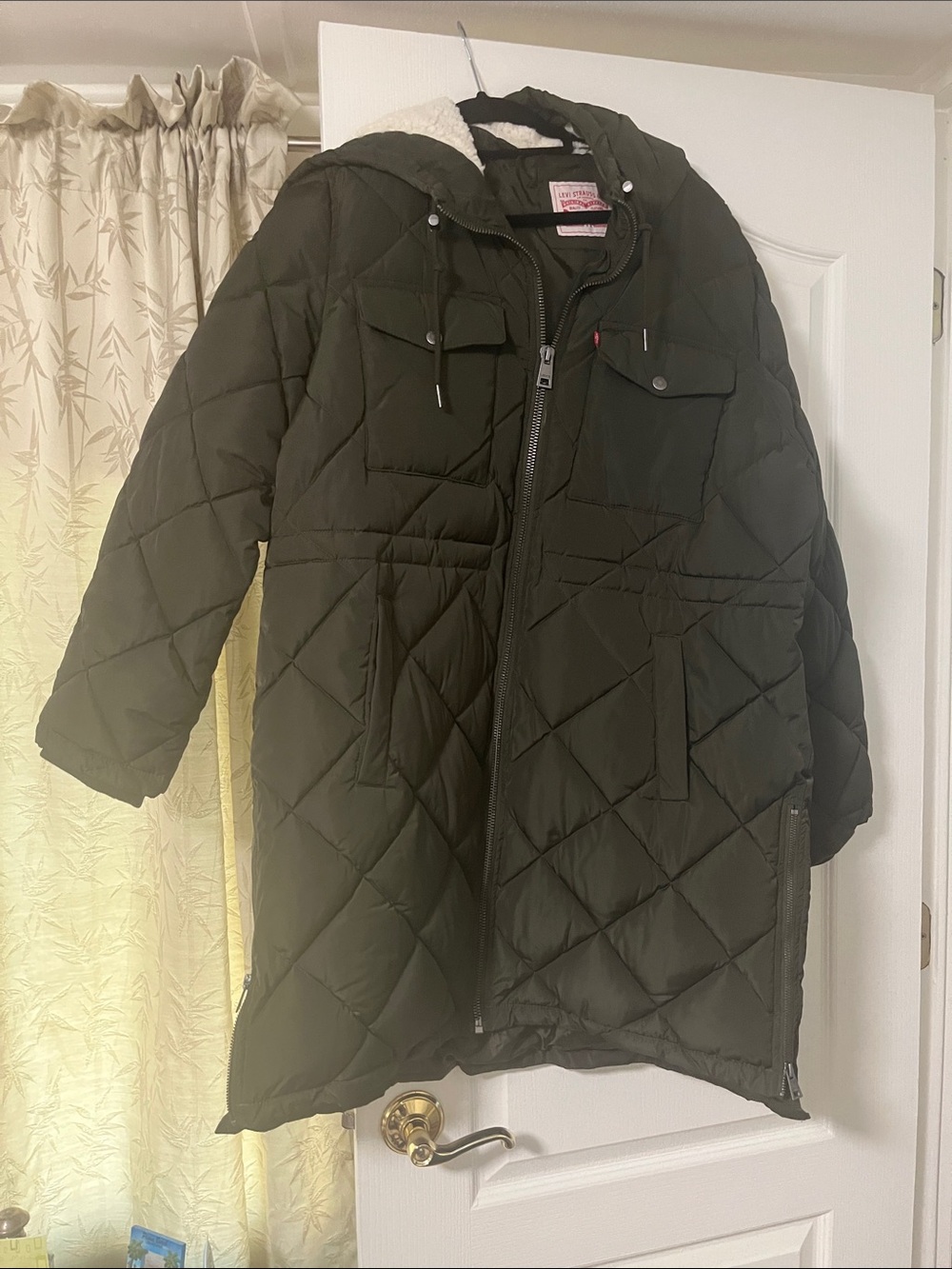 Quilted Hooded Long Puffer Coat in Dark Olive